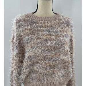 Anthropologie Raga Emberly Beige Pink Fuzzy Eyelash Crewneck Sweater M